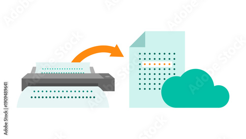 Mobile scanner OCR document digitization illustration, portable scanning workflow for remote work, paperless business process, cloud document management concept