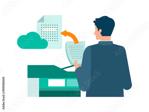 Businessman digitizing documents with OCR, illustration of paperless office workflow, cloud storage, document scanning, and business efficiency improvement concept