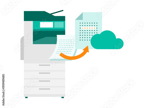 Multifunction printer OCR document sorting illustration, automated file management, cloud integration, paperless office workflow, and business process optimization