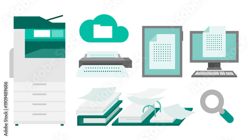 OCR devices and document management illustration, scanner and smartphone workflow, paperless office tools, digital document processing, and business automation concept