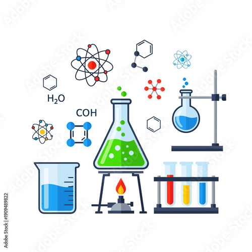 Chemistry lab equipment with molecular models and chemical formulas