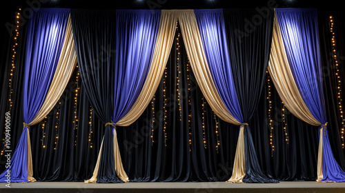 Luxury Blue and Gold Stage Curtains with Elegant Drapery and Warm String Lights