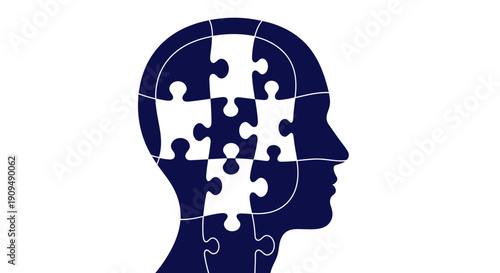 Human Head Silhouette with Puzzle Pieces Inside Representing Mental Clarity and Problem Solving.