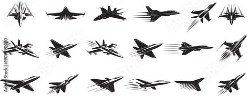 Various stylized  aircraft designs silhouettes collection, focusing on high-speed and dynamic motion different type of fast aircraft vector format.