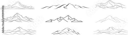 Various stylized  mountain line art collection, vector format.