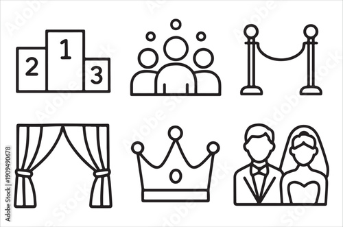 A collection of black and white line icons depicting wedding and event related imagery
