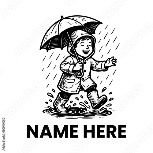 Joyful monochrome illustration of a cheerful child playfully splashing through puddles, holding an umbrella on a rainy day, capturing the innocent fun of childhood adventures