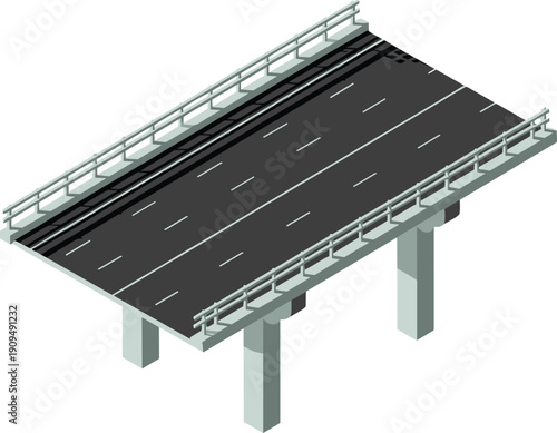 Isometric 3D architectural rendering of a modern concrete highway bridge section with asphalt road lanes white markings and safety railings on white background