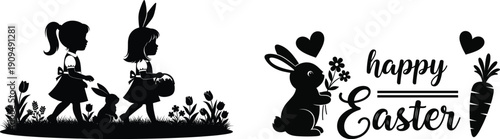 Easter silhouette scene with bunny eggs and children in a garden featuring a happy easter message in a decorative font