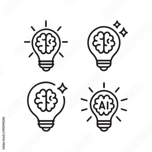 Minimal black and white line art icon set featuring a lightbulb with a brain inside, symbolizing artificial intelligence, innovation, and creative thinking. Clean outline design suitable for technolog