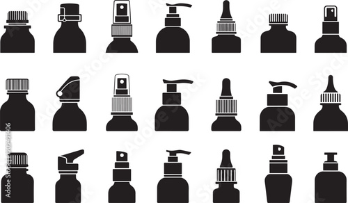 Various stylized Bottle closure silhouettes collection, including screw cap, flip top, spray nozzle, pump head, dropper cap, vector format.