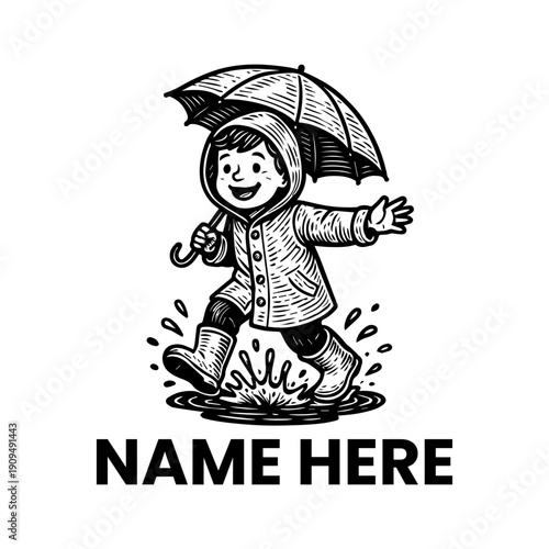 Joyful little child in a classic raincoat and boots, playfully splashing through puddles with an open umbrella, a charming hand-drawn illustration depicting happy rainy day.