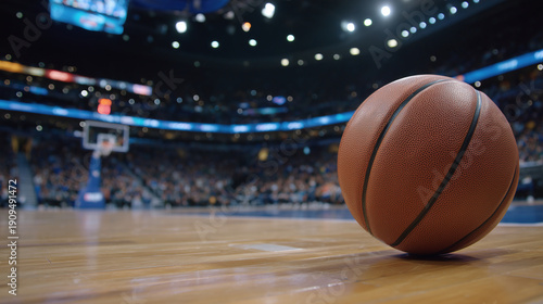 Wide-angle shot of a basketball lying on a shiny wooden court, strong overhead stadium lighting creating reflections, blurred crowd and scoreboard behind, cinematic sports event se