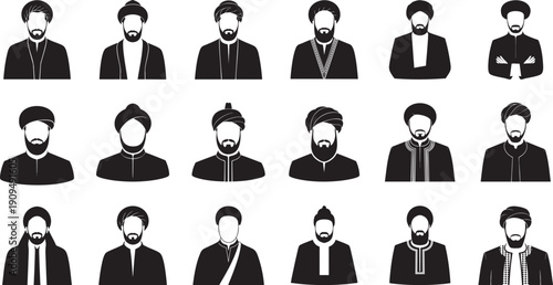 Various stylized  men wearing traditional Islamic attire silhouettes collection, unique headdress and facial hair.
