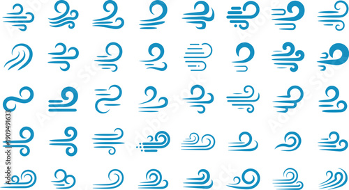 Various stylized blue color thick swirls line art collection, sharp points and variations in swirl shape, spiral tree silhouette against a white background.