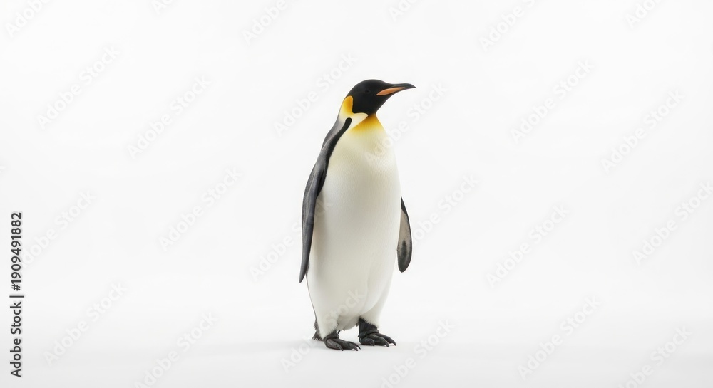 Fototapeta premium Solitary penguin stands against stark white background, looking alert