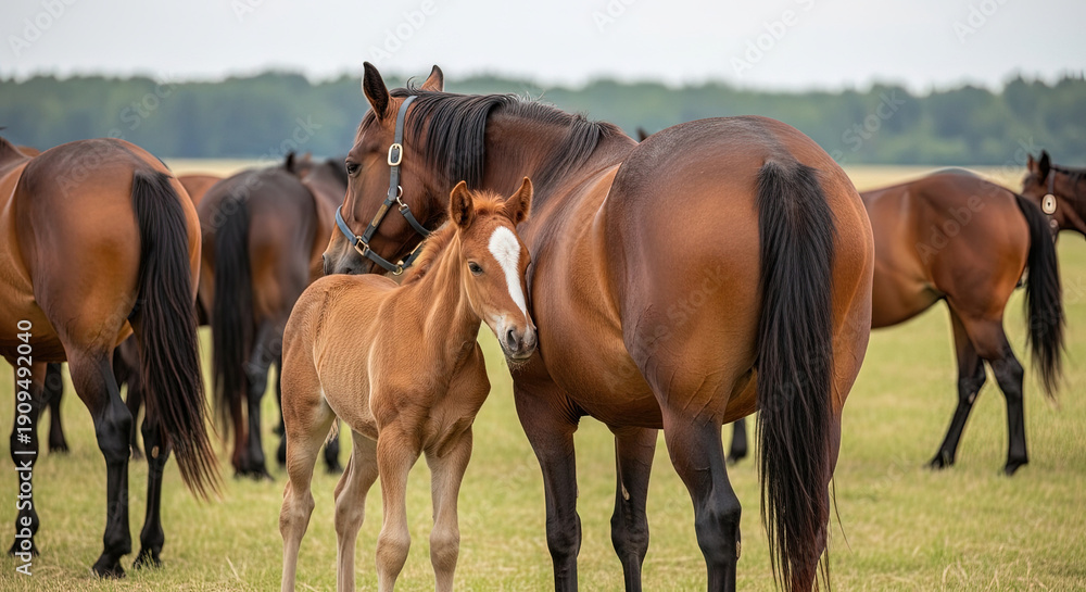 Obraz premium Equine family with mother horse and foal standing in grassy field 