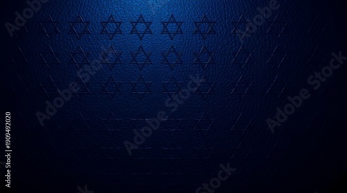 Luxury navy blue pebbled leather surface featuring a seamless embossed hexagram pattern. Elegant Jewish cultural background with dramatic lighting for religious holidays and traditional designs