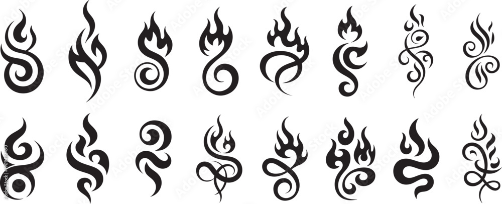 Fototapeta premium Abstract mystical smoke and flame symbols silhouette collection, curve and spiral for branding or decorative applications. vector format.