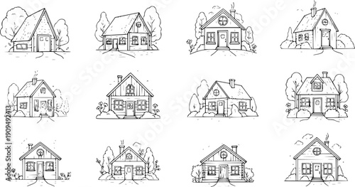 minimalist black and white house illustrations set six residential facades vector icons for architecture projects