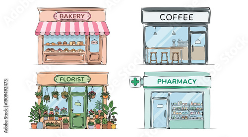 bakery, coffee shop, florist, pharmacy