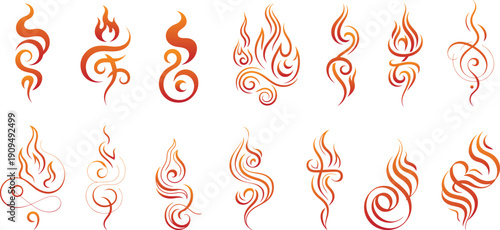 Smoke and flame symbols silhouette collection, curve and spiral for branding or decorative applications line art style.