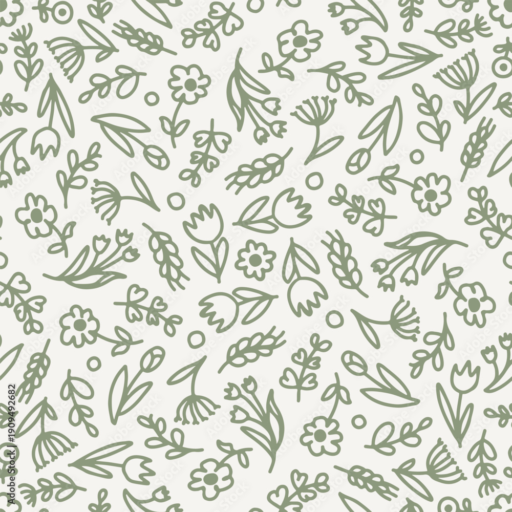 Fototapeta premium Seamless Sage Green Wildflower Doodle Pattern on Light Beige Background