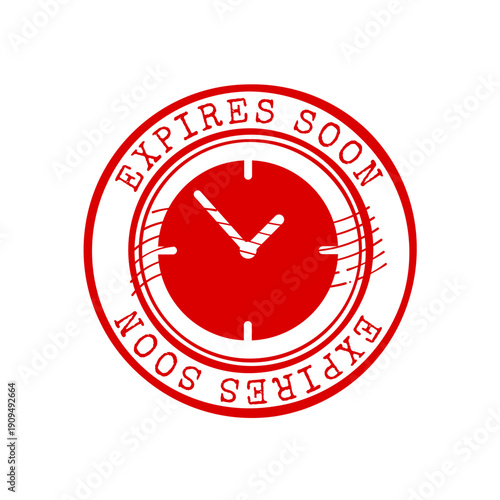 Expires soon red rubber stamp with clock symbol and grunge texture, vector illustration