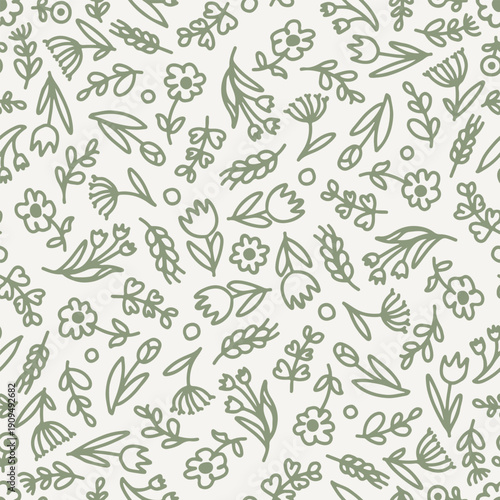 Wallpaper Mural Seamless Sage Green Wildflower Doodle Pattern on Light Beige Background Torontodigital.ca