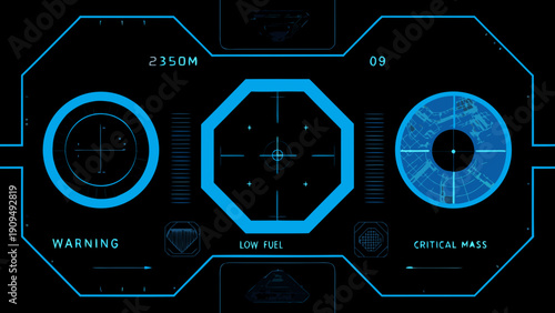 Futuristic heads up display with targeting reticle and system warnings