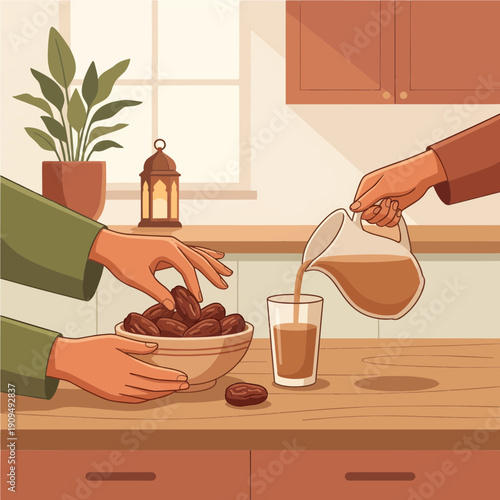 Close up of hands taking dates and pouring tea for iftar breaking fast