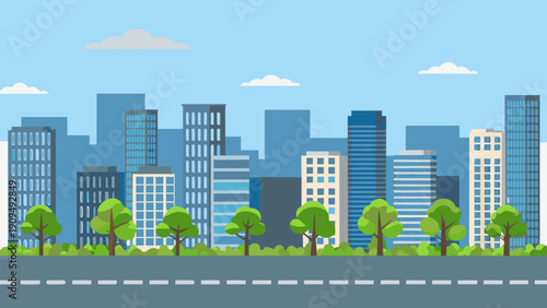 A simplified cityscape illustration with buildings trees and a road