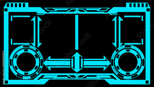 Futuristic interface with glowing cyan arrows and circular elements