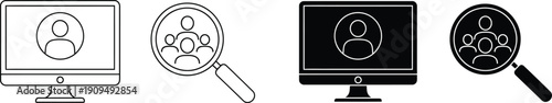 A set of icons representing online search and user profiles on computers