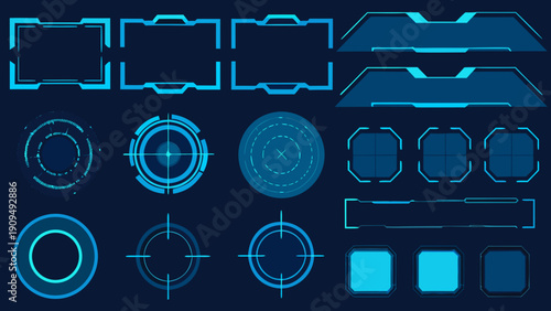 Futuristic user interface elements in bright blue neon on dark background