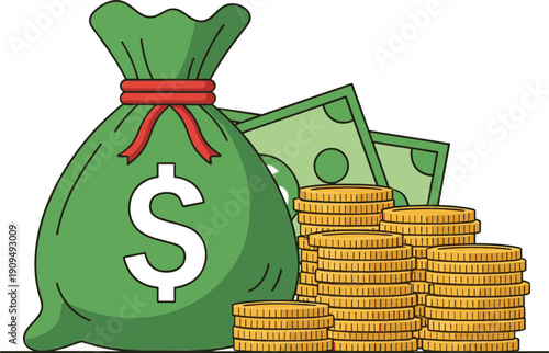 Money bag with stacked coins and banknotes vector illustration finance wealth savings concept