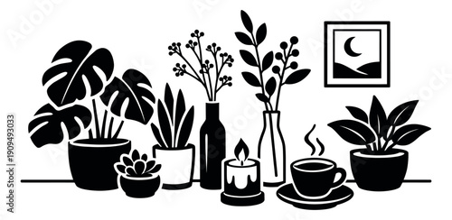 Minimalist home decor elements set featuring indoor plants, vases, a candle, and a coffee cup for cozy interior design