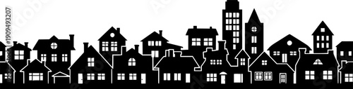 Transparent PNG available
Village silhouette. Skyline row. Homes district. Suburb street community. Buildings with roofs, chimneys and windows. Town landscape. Black and white line city. Vector seamle