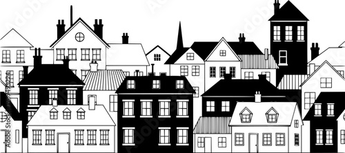 Transparent PNG available
Village silhouette. Skyline row. Homes district. Suburb street community. Buildings with roofs, chimneys and windows. Town landscape. Black and white line city. Vector seamle
