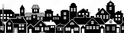 Transparent PNG available
Village silhouette. Skyline row. Homes district. Suburb street community. Buildings with roofs, chimneys and windows. Town landscape. Black and white line city. Vector seamle