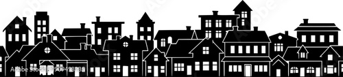 Transparent PNG available
Village silhouette. Skyline row. Homes district. Suburb street community. Buildings with roofs, chimneys and windows. Town landscape. Black and white line city. Vector seamle