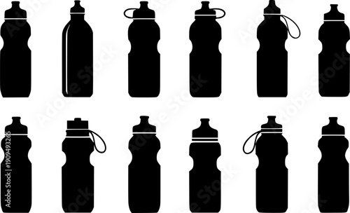 Plastic bottle silhouettes, packaging comparison, black icons, container shapes, beverage storage, recyclable design, cad drawing flat vector illustration, product lineup graphic
