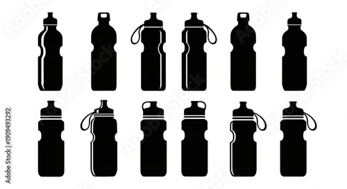 Plastic bottle silhouettes, packaging comparison, black icons, container shapes, beverage storage, recyclable design, cad drawing flat vector illustration, product lineup graphic