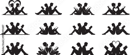 Various stylized  couple silhouette sitting back to back reading books forming heart shape silhouette collection, intellectual love and shared passion concept, flat vector format.