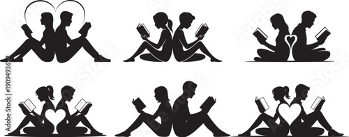 Various stylized  couple silhouette sitting back to back reading books forming heart shape silhouette collection,  love and shared passion concept, for literature.
