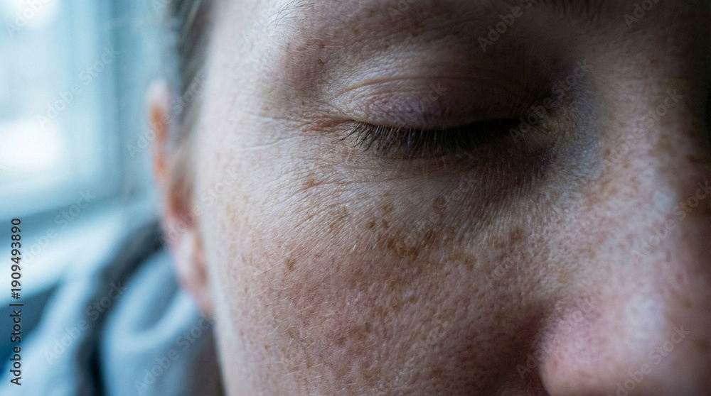 Obraz premium Extreme close-up of a woman's face with natural freckles and skin texture, closed eye and detailed pores