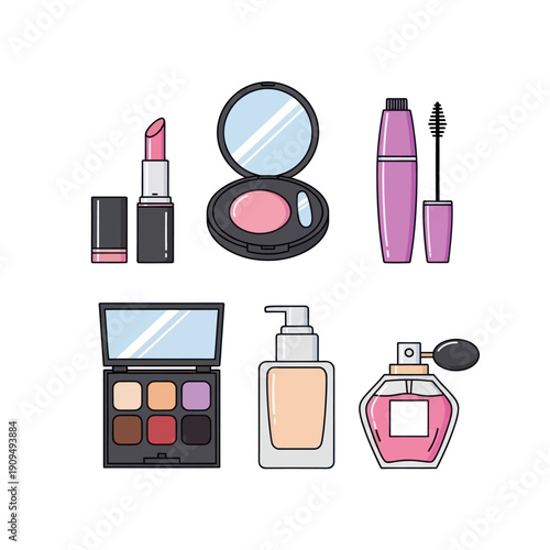 Flat design makeup and beauty products collection on white