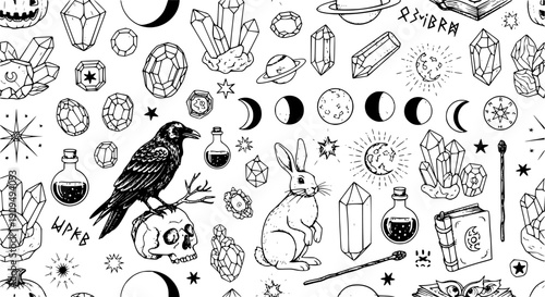 Mystical seamless pattern. Vintage magic background. Hand drawn occult witchcraft elements, gemstones, raven, rabbit, moon, crystals. Halloween esoteric vector print
