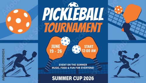 Vibrant vector banner for the Open Pickleball Tennis Championship and Cup. Sporty dynamic silhouettes of players, balls, rackets create a modern design. For sporting events, promotions, social media