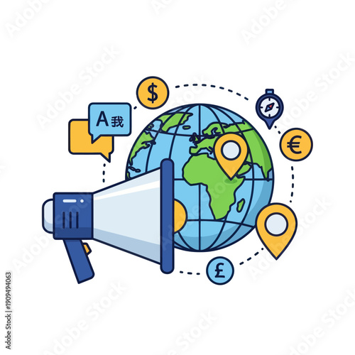 Global communication concept with megaphone, globe, currency, and location pins